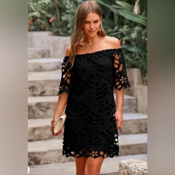 PRETTY GARDEN Summer Off Shoulder Floral Lace Flare Short Sleeve Loose Dress - Picture 4 of 5